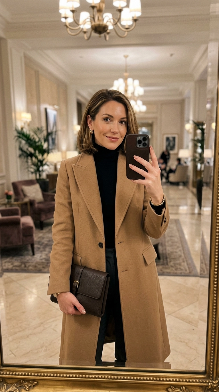 A sophisticated mirror selfie in a luxury hotel lobby. A woman in a tailored camel coat holds a designer leather clutch, her hands clearly visible with perfectly shaped oval natural nails. Nano Banana style, photorealistic, shot on 35mm lens, highly detailed, ultra-realistic, soft lighting, editorial aesthetic, 9:16 ratio.
