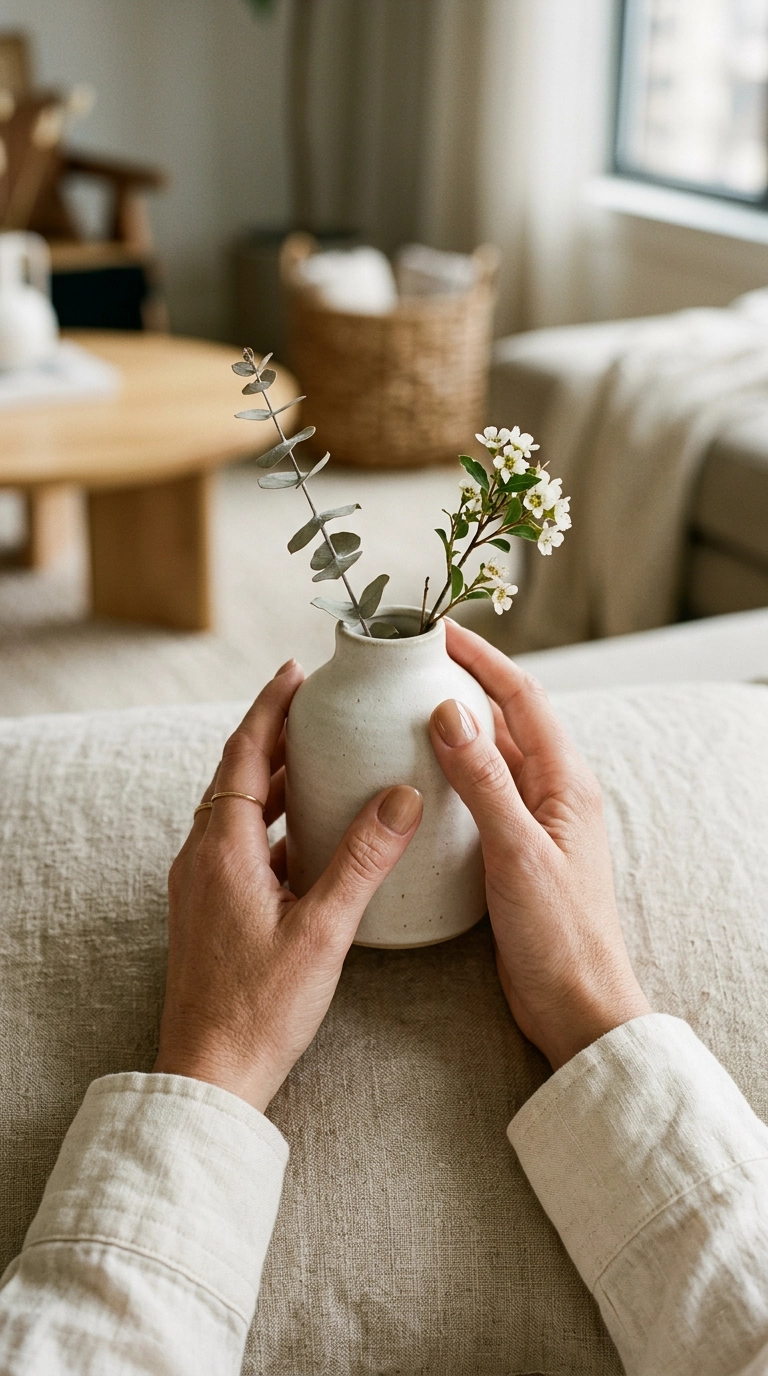 A top-down editorial flatlay of a woman's hands holding a minimalist ceramic vase. Her nails are a perfect "your nails but better" sheer tan. The background is a blurred high-end interior. Nano Banana style, photorealistic, shot on 35mm lens, highly detailed, ultra-realistic, soft lighting, editorial aesthetic, 9:16 ratio.