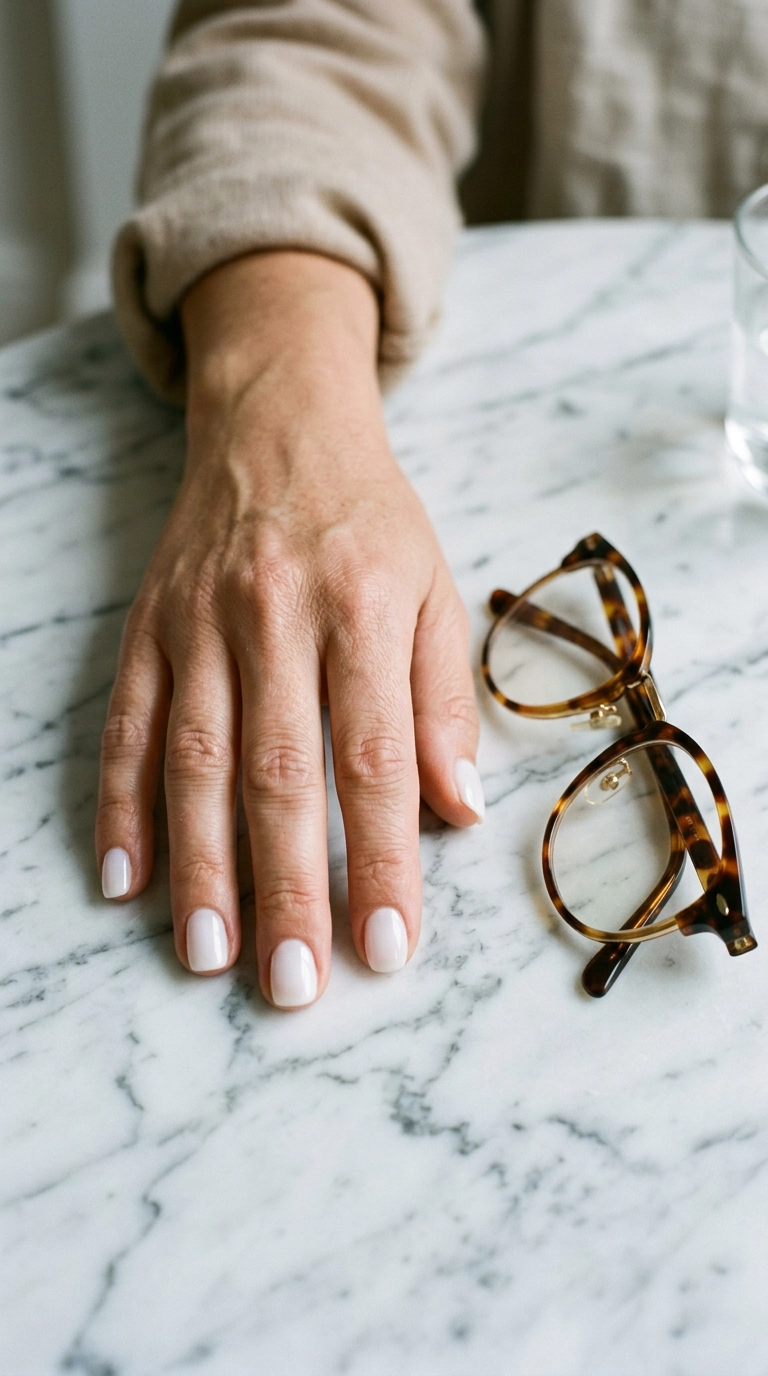 A close-up editorial shot of a hand resting on a marble tabletop next to a pair of tortoiseshell glasses. The nails are painted in a sheer, milky white polish that glows under soft studio lighting. Authentic skin texture with subtle veins and pores is visible. Nano Banana style, photorealistic, shot on 35mm lens, highly detailed, ultra-realistic, editorial aesthetic, 9:16 ratio.