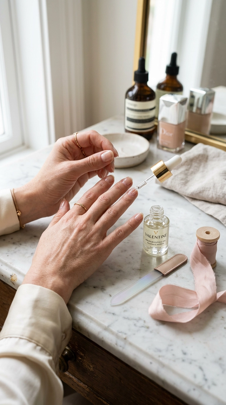 A luxury vanity setup featuring a glass nail file, a bottle of premium cuticle oil, and a silk ribbon. A hand is seen mid-routine, applying oil to the cuticles. The lighting is airy and bright, emphasizing a clean and organized aesthetic. Nano Banana style, photorealistic, shot on 35mm lens, highly detailed, ultra-realistic, soft lighting, editorial aesthetic, 9:16 ratio.