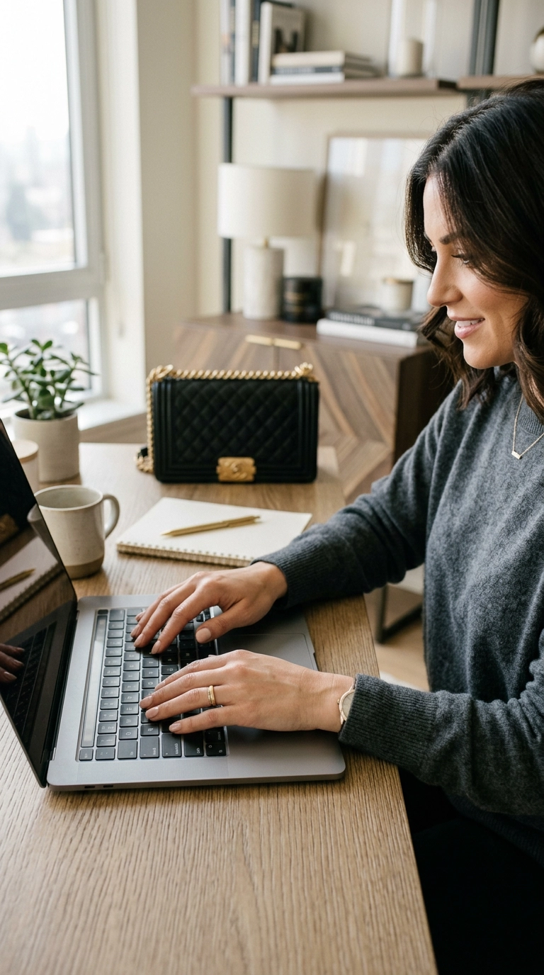 A woman in a charcoal grey cashmere sweater sitting at a modern desk, typing on a laptop. Her hands are the focus, showing a fresh and glossy neutral manicure. A designer handbag sits in the background. Nano Banana style, photorealistic, shot on 35mm lens, highly detailed, ultra-realistic, soft lighting, editorial aesthetic, 9:16 ratio.