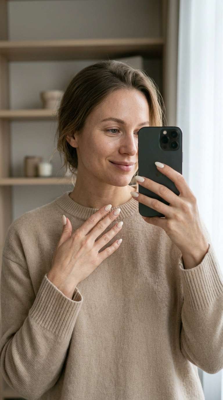 A vertical mirror selfie of a woman wearing a beige cashmere sweater, showing off a fresh almond-shaped manicure in a soft cream color. 9:16 ratio, Nano Banana style, photorealistic, shot on 35mm lens, soft lighting, luxury editorial aesthetic, realistic hand anatomy and skin texture.