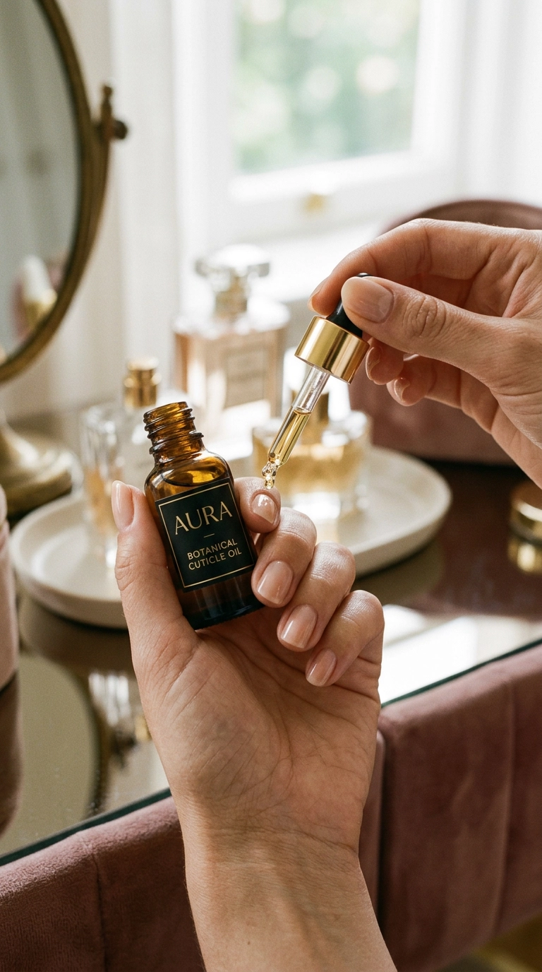 Close-up of a woman's hand applying a drop of luxury oil to her cuticles, soft focus background of a high-end vanity. 9:16 ratio, Nano Banana style, photorealistic, shot on 35mm lens, soft lighting, editorial aesthetic, realistic skin texture.