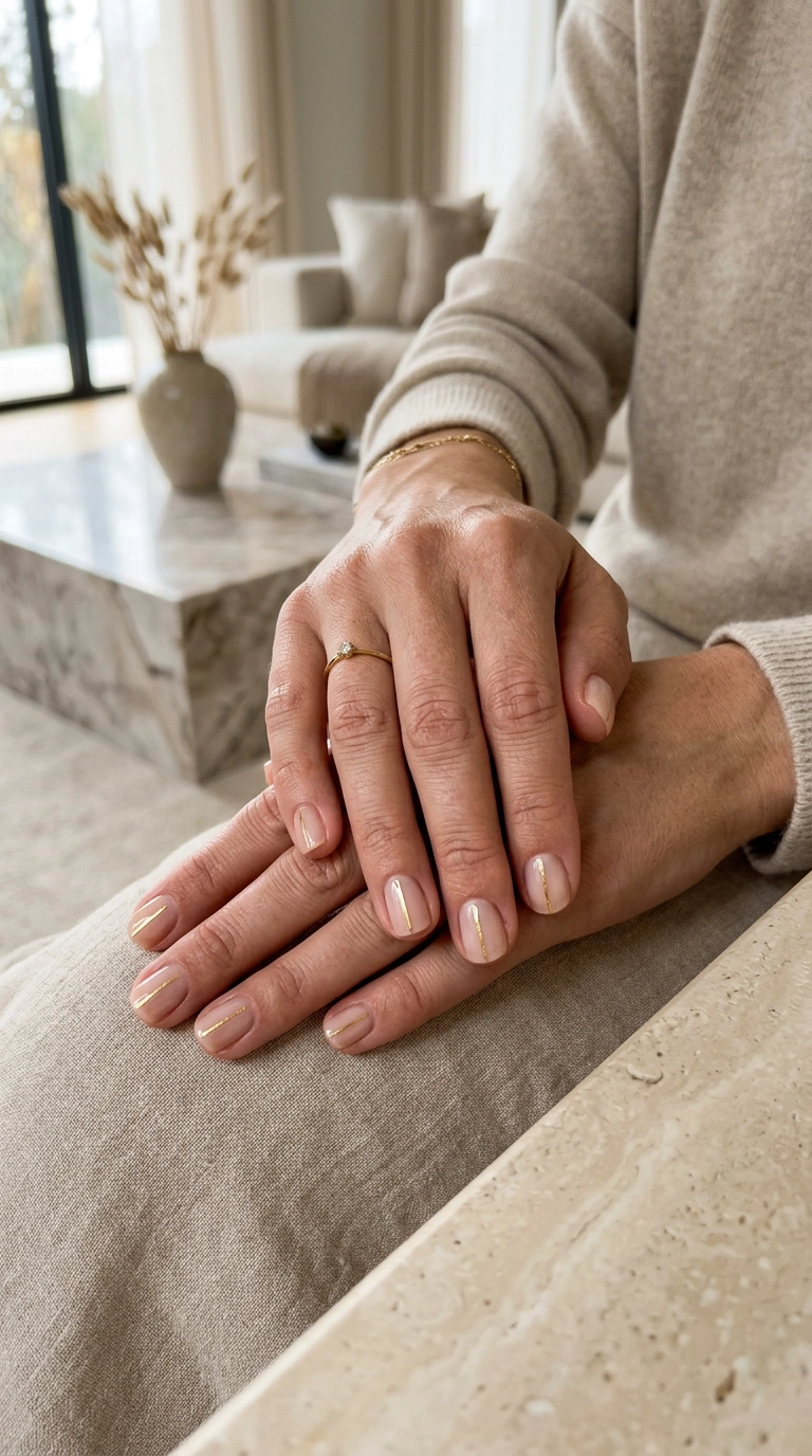 An editorial close-up of hands with minimalist nail art featuring thin vertical gold lines down the center of each nail. 9:16 ratio, Nano Banana style, photorealistic, shot on 35mm lens, soft lighting, modern luxury interior.
