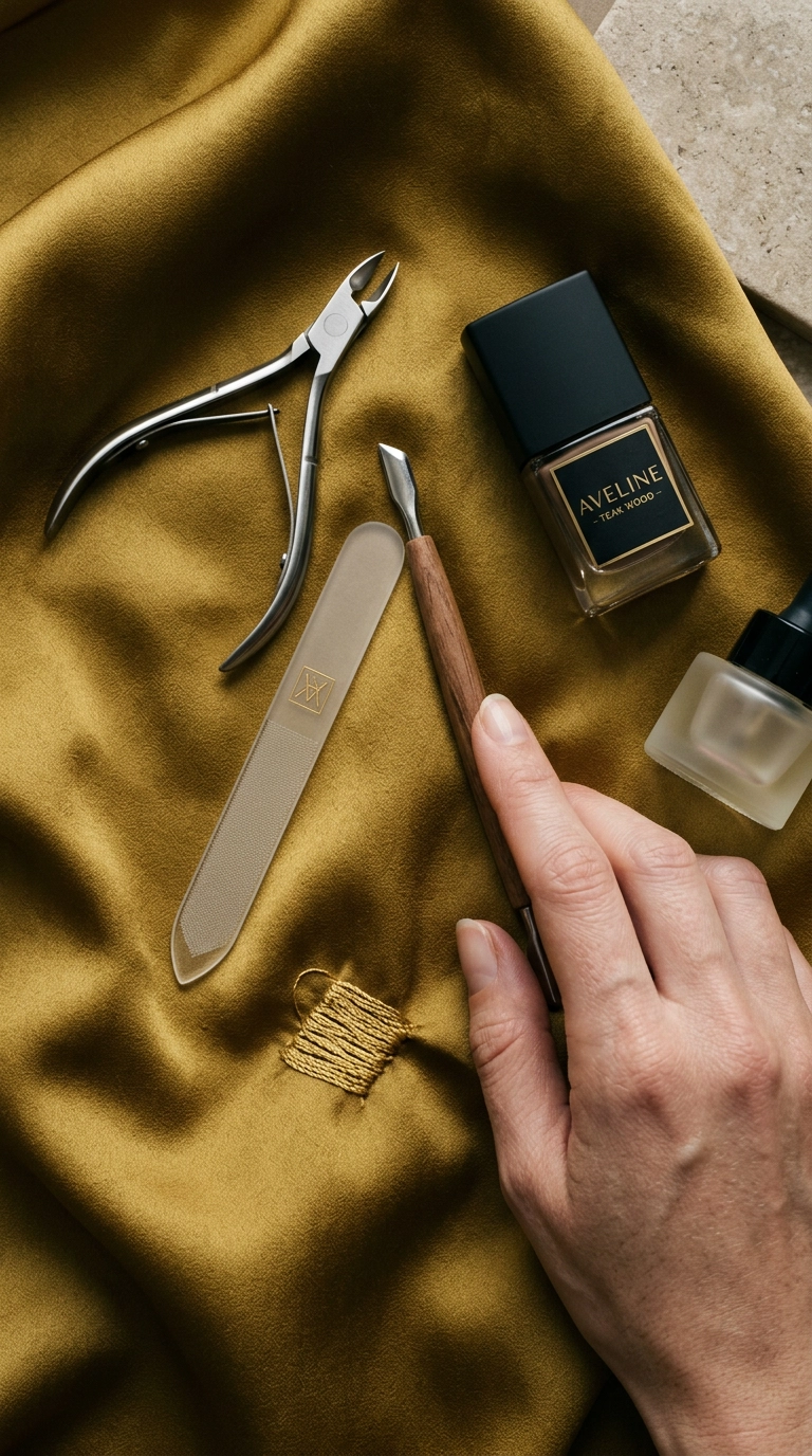 A flat lay of luxury nail care tools, a glass nail file, and a bottle of high-end polish on a silk cloth. 9:16 ratio, Nano Banana style, photorealistic, shot on 35mm lens, soft editorial lighting, 35mm.