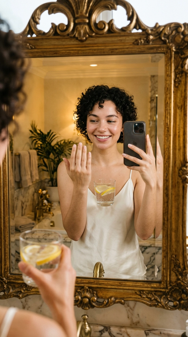 A 9:16 mirror selfie of a woman admiring her clean, short natural nails in a vintage gold-framed mirror. She is holding a glass of water with lemon, and the luxury bathroom lighting is soft and golden. Photorealistic, shot on 35mm lens, editorial aesthetic with realistic skin texture.