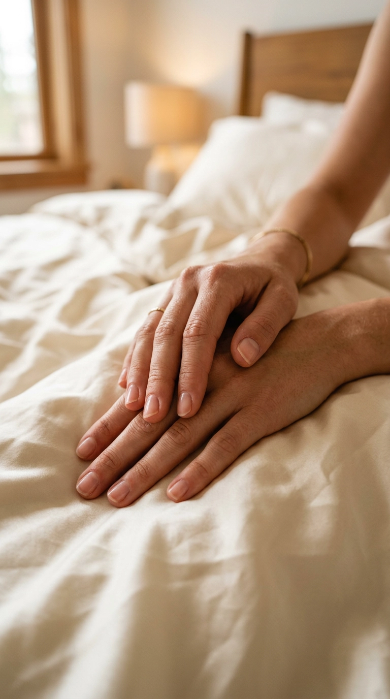 A 9:16 photorealistic close-up of hands with short, healthy nails resting on cream-colored silk bed linens. The lighting is soft afternoon glow, shot on 35mm lens, showing ultra-realistic skin and nail detail in a luxury bedroom setting.