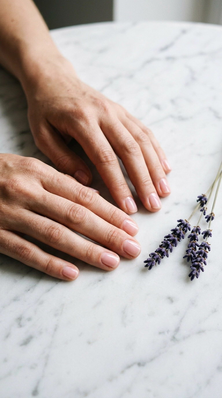 A 9:16 minimalist shot of hands with sheer pink nails resting on a white marble table next to a sprig of dried lavender. Soft shadows, 35mm lens, Nano Banana style, highly detailed skin and nail texture.