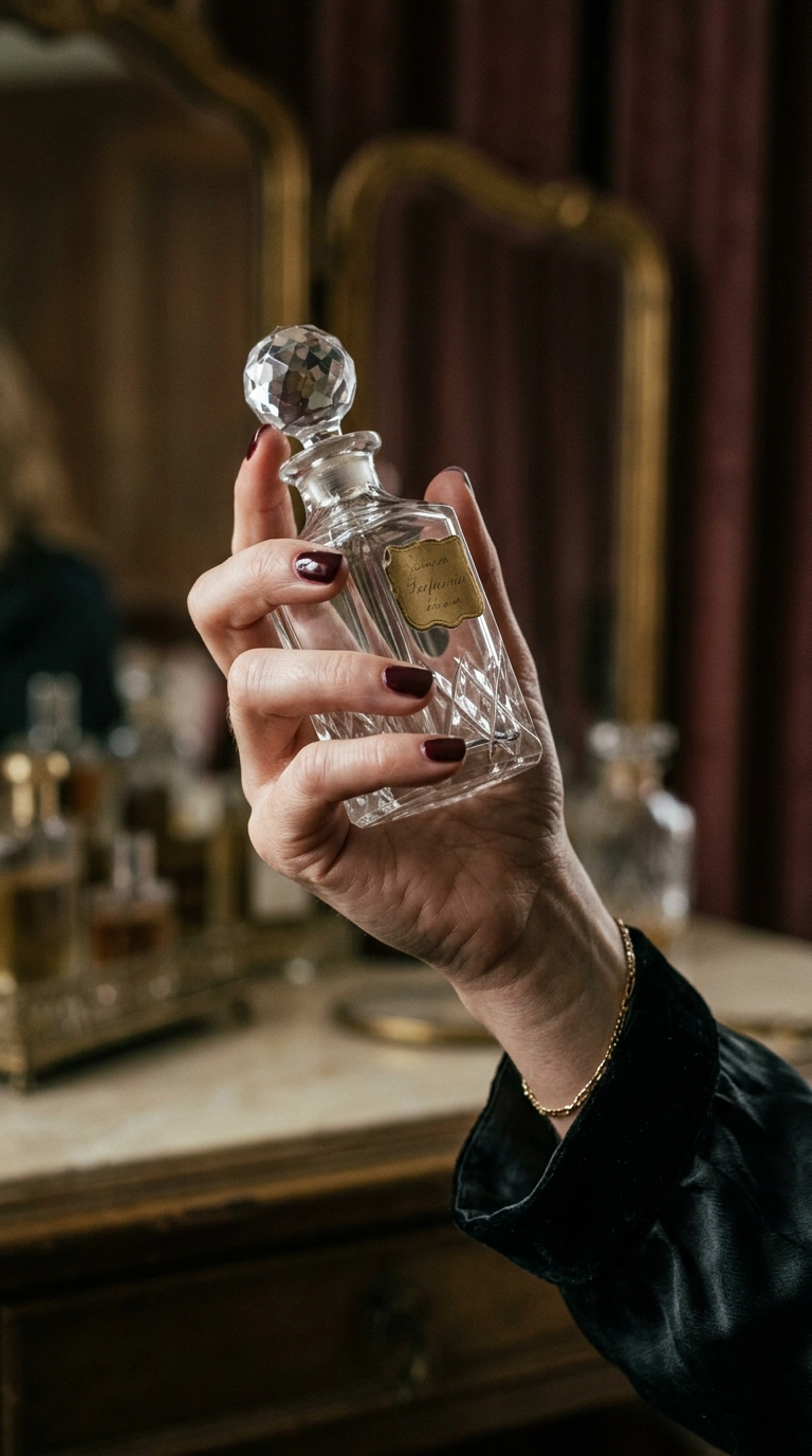 A 9:16 editorial fashion shot of a hand with deep burgundy short nails holding a vintage crystal perfume bottle. Soft focus background, photorealistic skin texture, shot on 35mm lens, elegant and moody lighting.