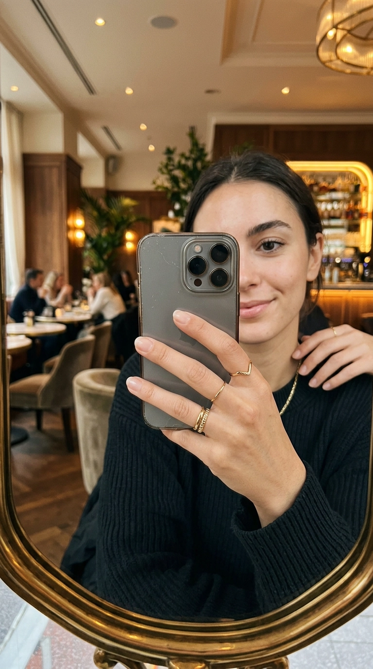 A 9:16 mirror selfie of a hand adorned with gold minimalist rings and short natural nails, holding an iPhone. Luxury cafe background with soft bokeh, 35mm lens, fashion editorial aesthetic.