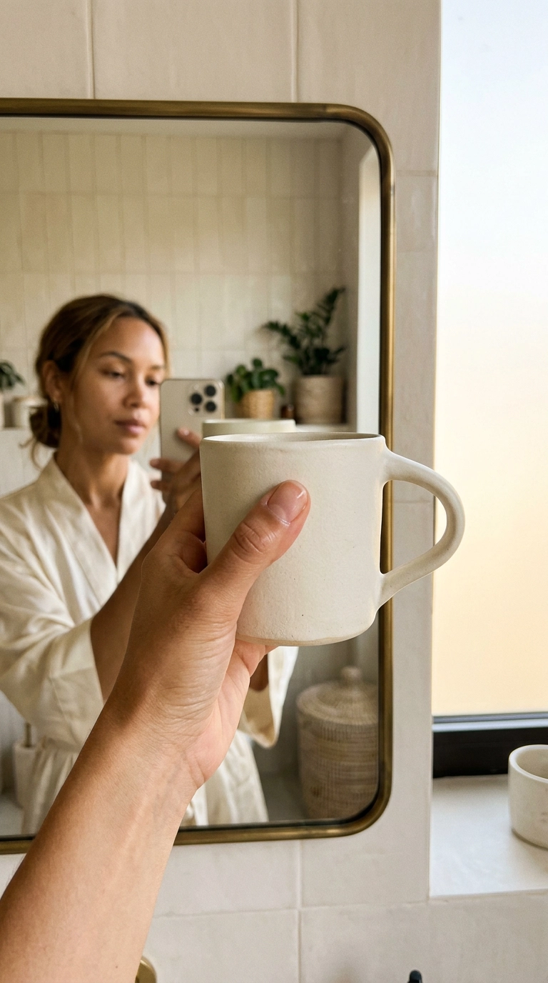 Photorealistic luxury editorial beauty scene, 9:16 ratio, shot on 35mm lens, soft lighting, Nano Banana style. A mirror selfie of a person with a minimalist aesthetic, holding a designer ceramic mug. The focus is on the clean, healthy natural nails and the gentle texture of the skin. Soft morning light, editorial aesthetic, realistic pores and fine lines.