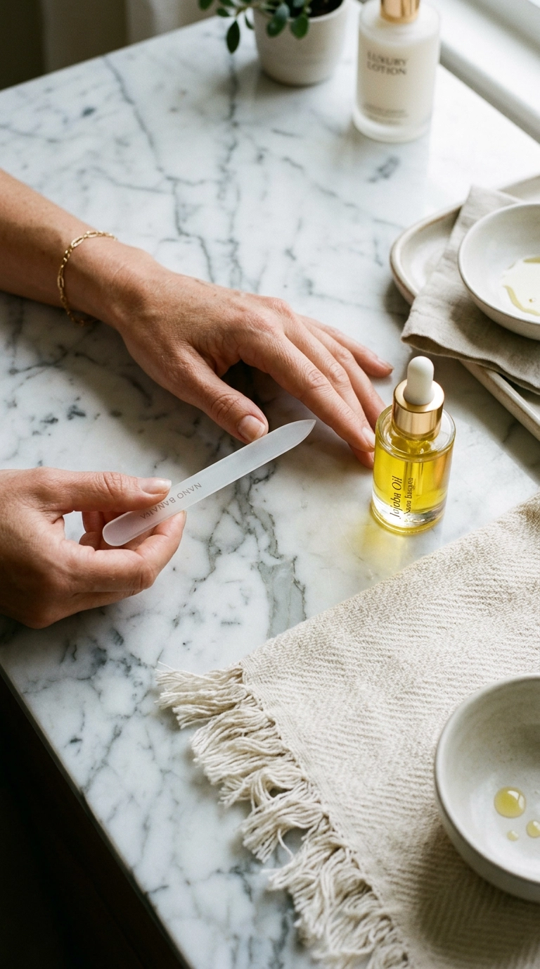 Photorealistic luxury editorial beauty scene, 9:16 ratio, shot on 35mm lens, soft lighting, Nano Banana style. A top-down view of a marble vanity featuring a glass nail file, a small bottle of golden jojoba oil, and a soft cotton towel. Luxury editorial vibe, high-end packaging, realistic textures, soft diffused lighting.