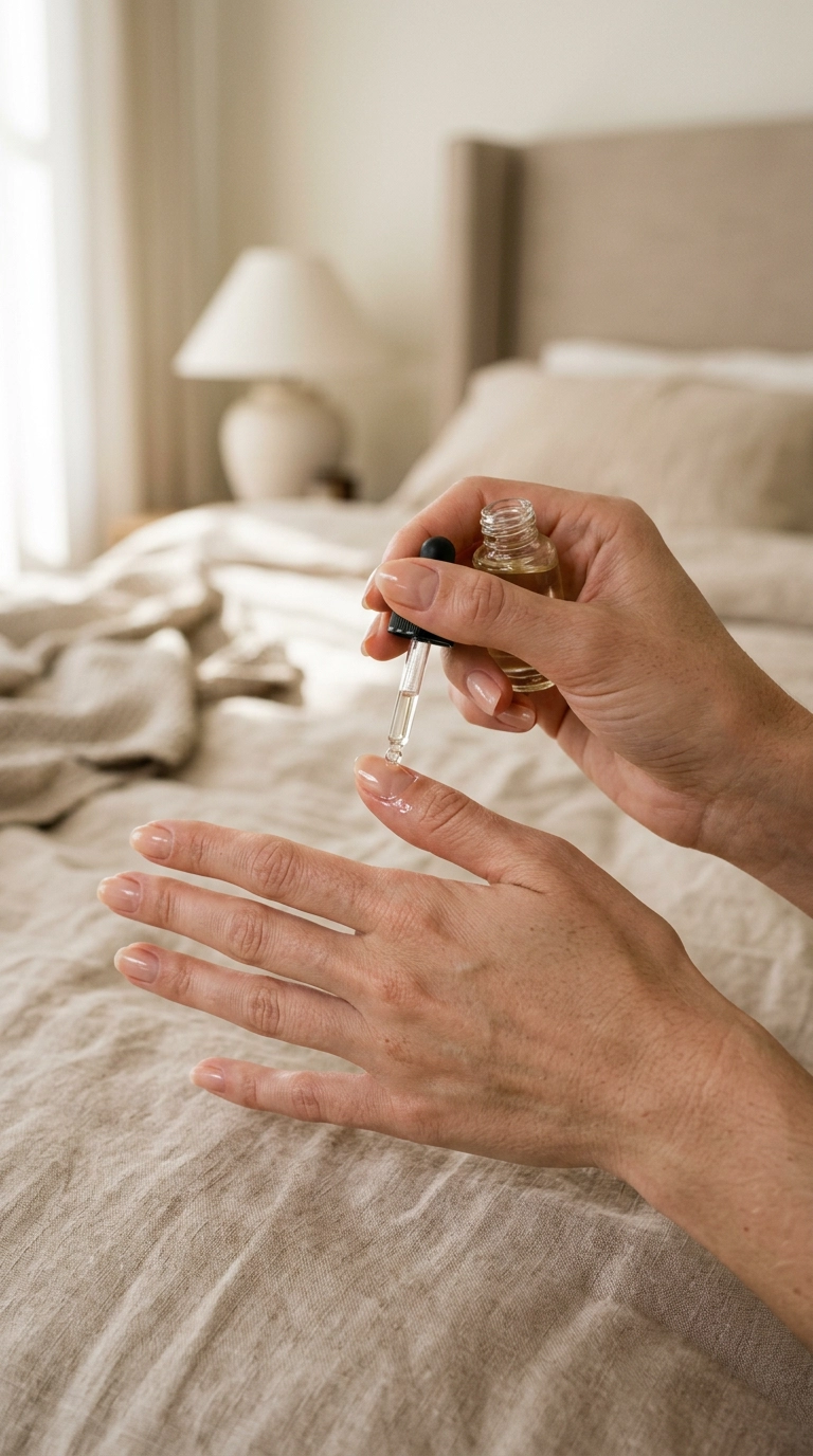 Photorealistic luxury editorial beauty scene, 9:16 ratio, shot on 35mm lens, soft lighting, Nano Banana style. A close-up shot of a hand applying a drop of clear oil to the cuticle area. The background is a blurred bedroom setting with soft beige tones. Authentic skin texture, soft focus, editorial beauty aesthetic.