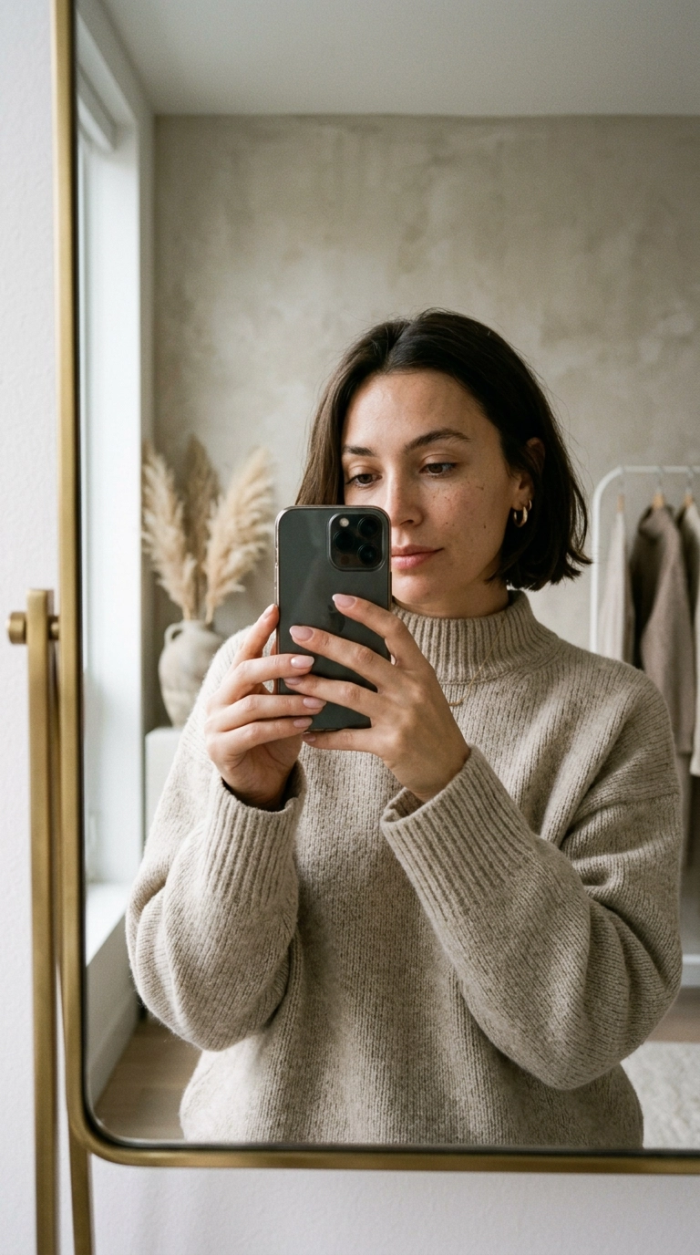 Photorealistic luxury editorial beauty scene, 9:16 ratio, shot on 35mm lens, soft lighting, Nano Banana style. A mirror selfie of a woman wearing a neutral-toned wool sweater, showing off her short, manicured nails with a sheer pink tint. Soft, creamy lighting, realistic skin details, chic minimalist style.