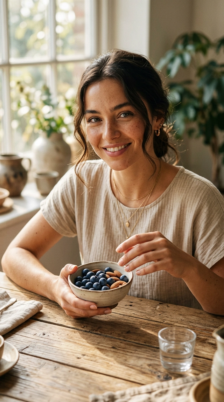 Photorealistic luxury editorial beauty scene, 9:16 ratio, shot on 35mm lens, soft lighting, Nano Banana style. A woman sitting at a sunlit wooden table, holding a small bowl of fresh blueberries and almonds. Her natural nails are visible and look strong. Photorealistic, 35mm lens, warm natural light, organic aesthetic.