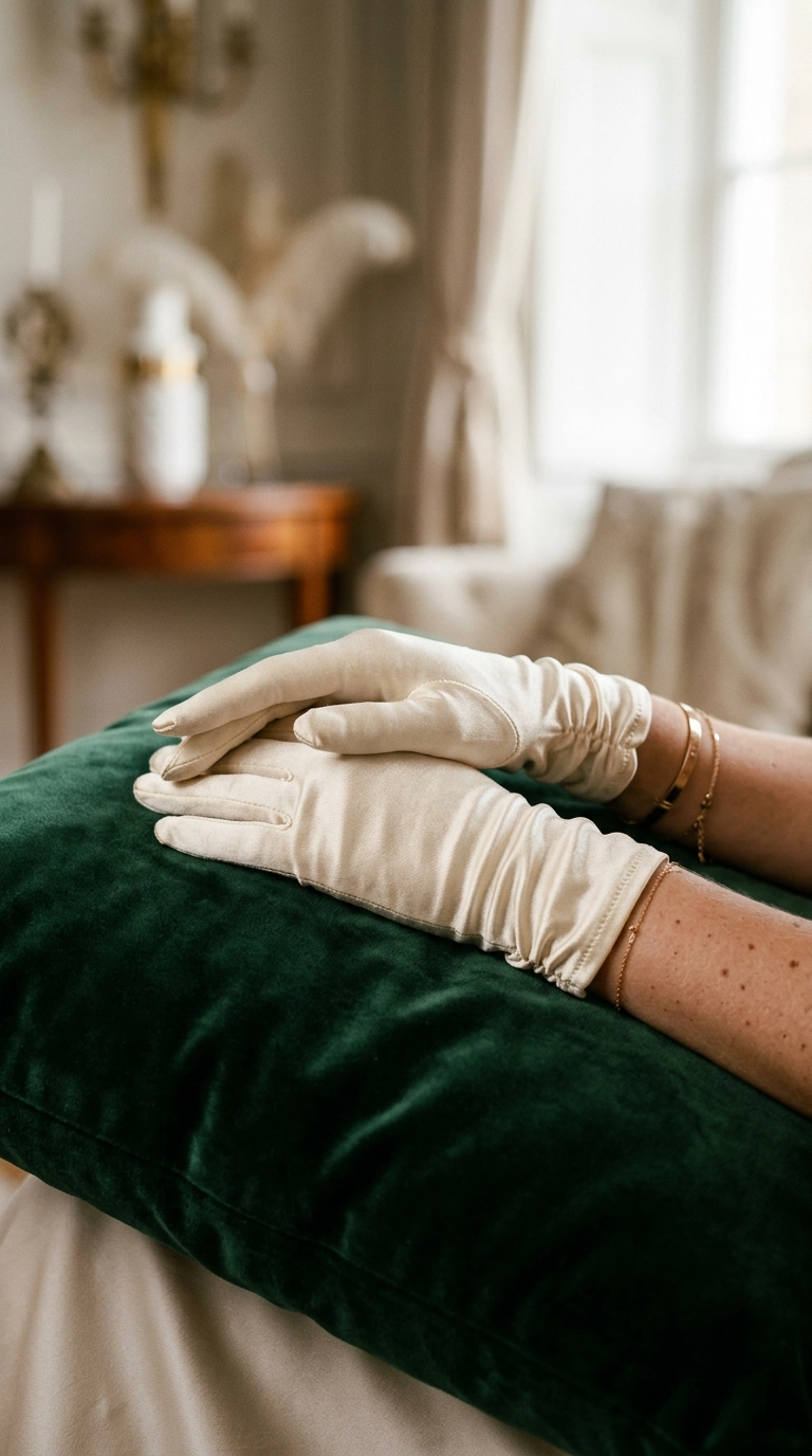 Photorealistic luxury editorial beauty scene, 9:16 ratio, shot on 35mm lens, soft lighting, Nano Banana style. A lifestyle shot of hands wearing soft, cream-colored silk gloves while resting on a velvet pillow. High-end editorial aesthetic, soft lighting, focus on the fabric and hand posture, ultra-realistic.