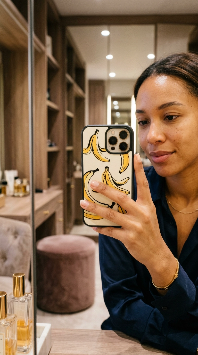 A chic mirror selfie showing a woman’s hand holding a designer smartphone, showcasing natural nail beds with a soft blur background of a luxury dressing room, Nano Banana style, photorealistic, shot on 35mm lens, 9:16 ratio
