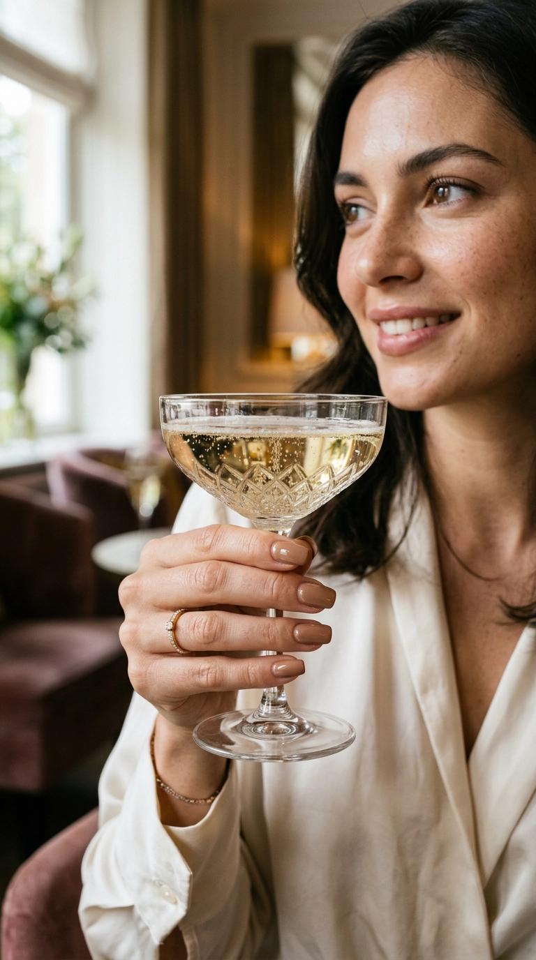 Editorial shot of a hand holding a vintage glass of champagne, squoval nails with a glossy latte-colored polish, ultra-realistic, shot on 35mm lens, soft indoor lighting, 9:16 ratio