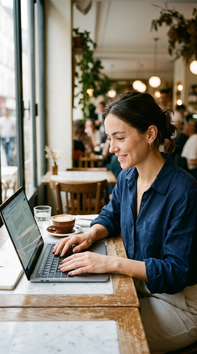 A woman elegantly typing on a sleek laptop in a bright cafe, showing well-maintained squoval nails, realistic skin detail, soft natural lighting, 35mm lens, 9:16 ratio