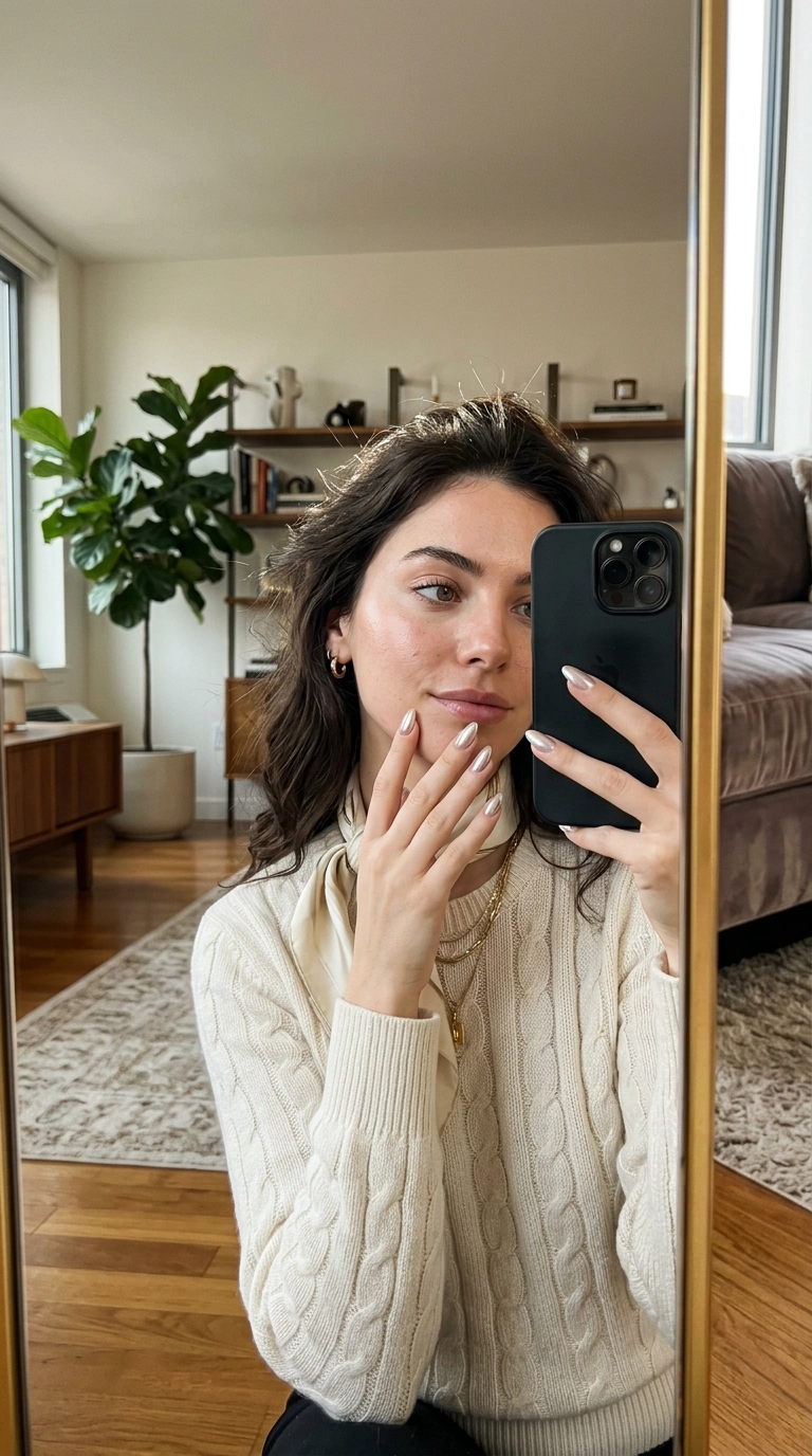High-fashion mirror selfie, almond nails with a subtle chrome finish, hands gracefully posed near a face with soft makeup, photorealistic, 35mm lens, luxe apartment interior, 9:16 ratio