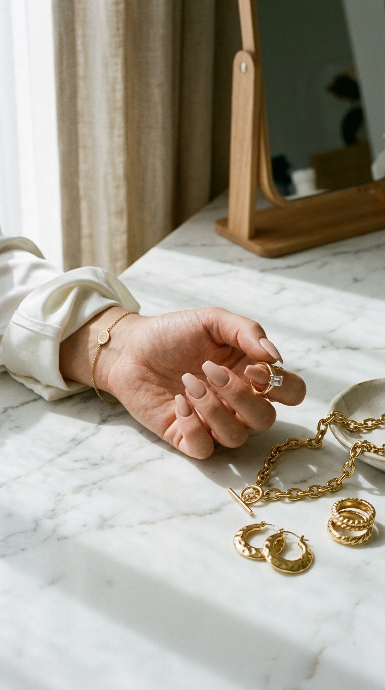 Hand resting on a marble vanity next to high-end gold jewelry, coffin-shaped nails with a matte finish, soft shadows, editorial fashion photography, 35mm lens, 9:16 ratio