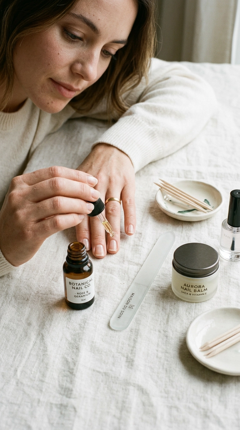 A flat lay of luxury nail care products, glass nail file, and cuticle oil on a textured white surface, soft editorial lighting, 35mm lens, 9:16 ratio