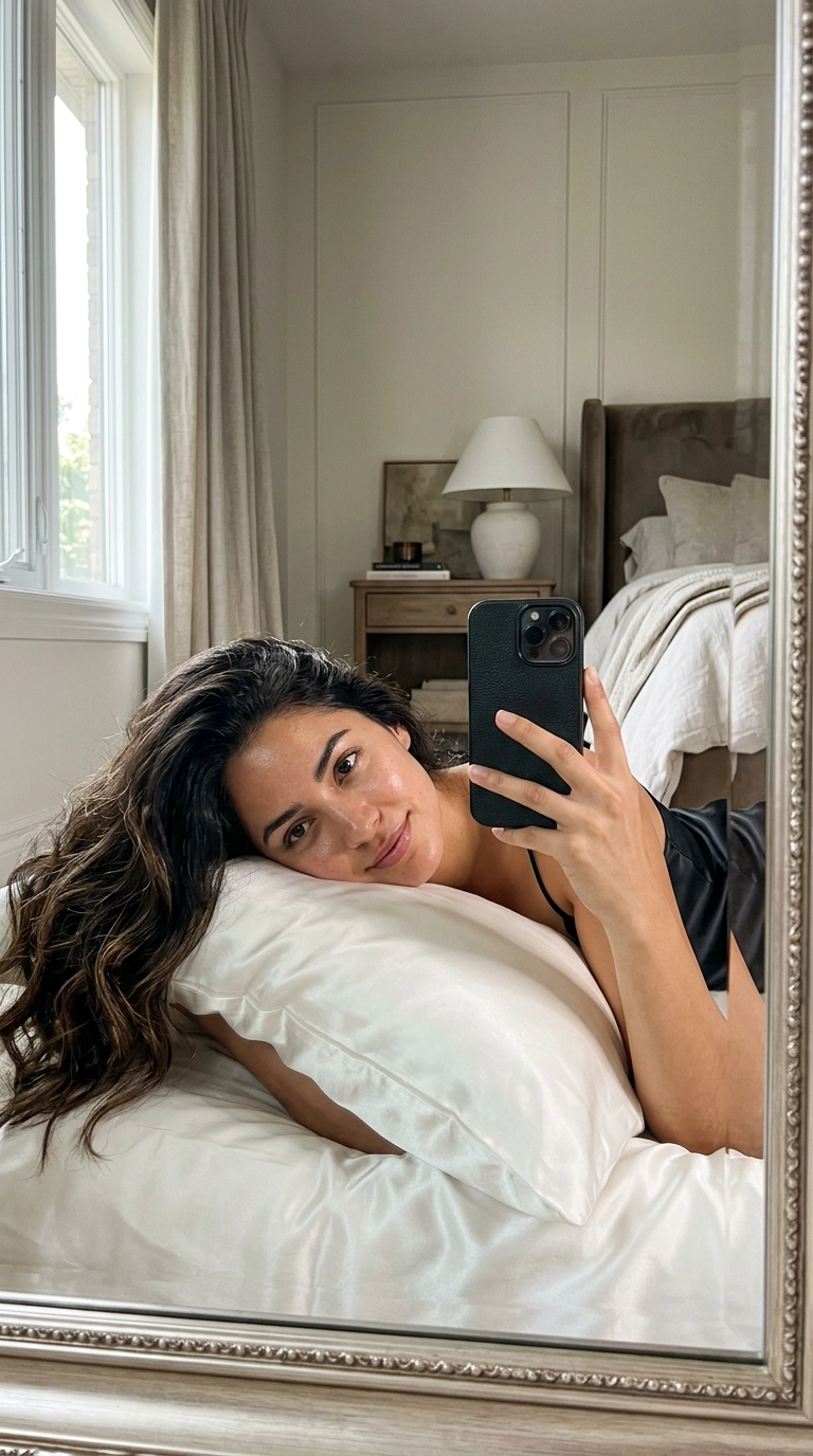 Photorealistic luxury editorial, 9:16 ratio, mirror selfie of a woman with healthy glowing hair resting her cheek against a pearl-white silk pillowcase, soft morning light, shot on 35mm lens, Nano Banana style, authentic skin texture, high-end bedroom aesthetic.
