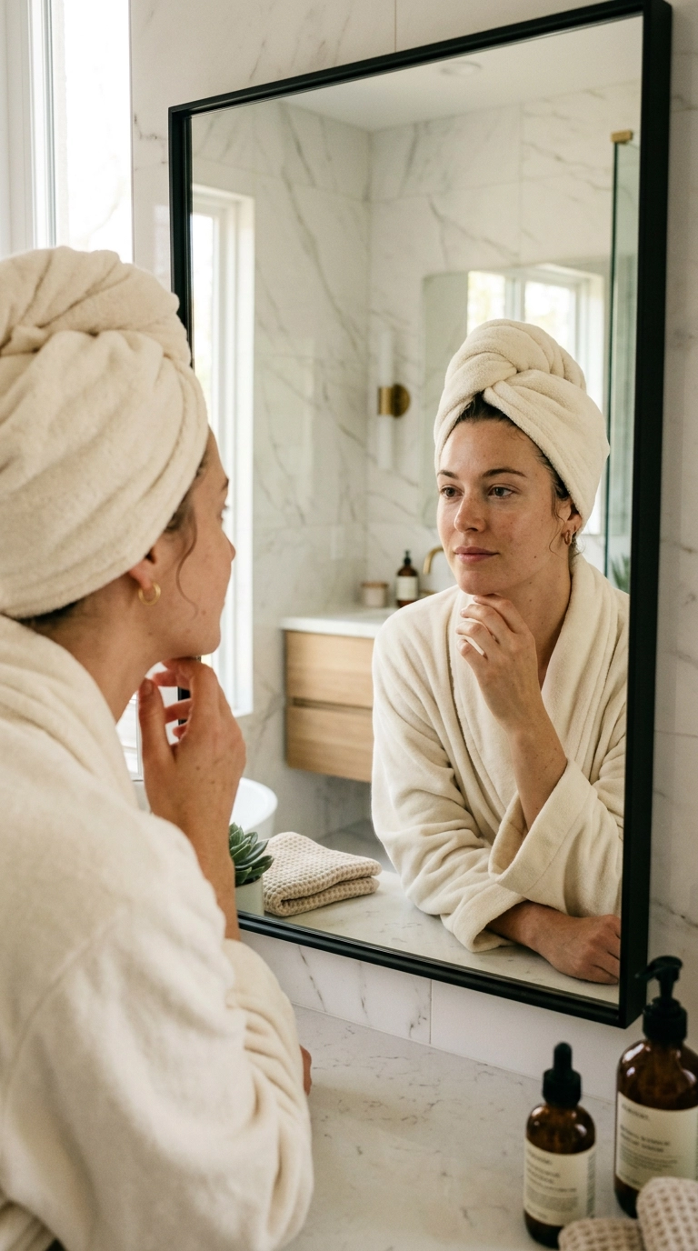 Photorealistic luxury editorial, 9:16 ratio, a woman wrapped in a plush cream-colored microfiber hair turban, looking into a sleek bathroom mirror, shot on 35mm lens, Nano Banana style, soft side lighting, realistic skin details.