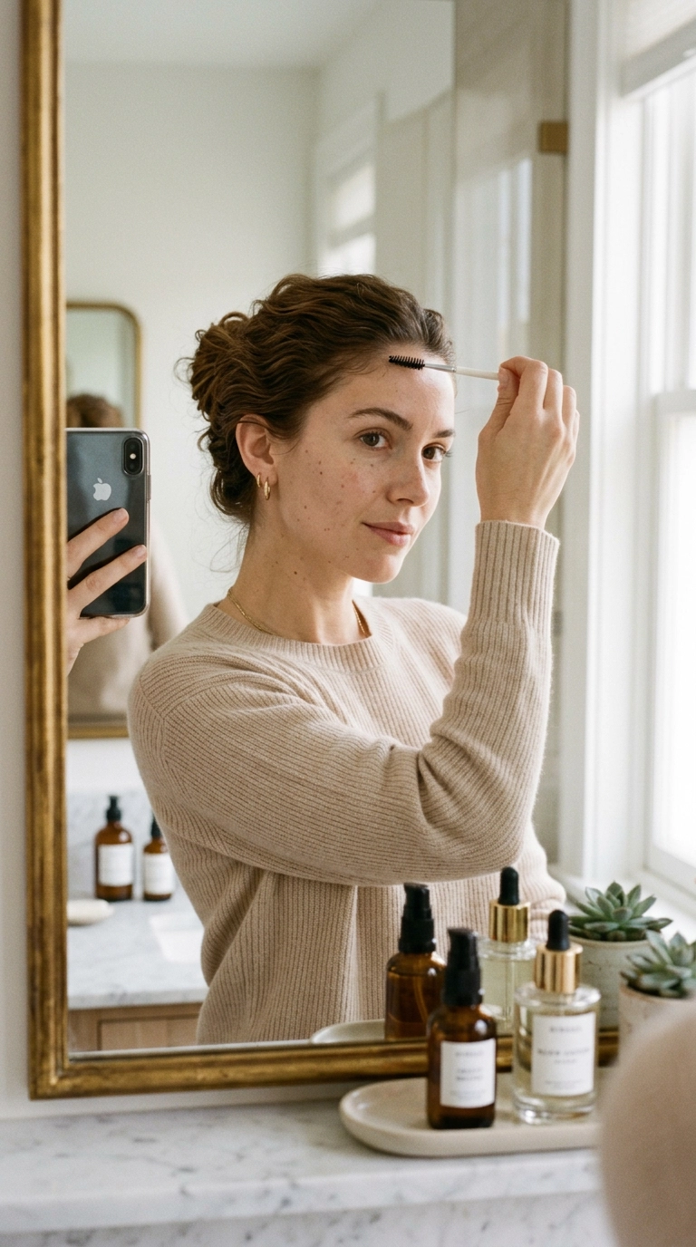 Photorealistic luxury editorial, 9:16 ratio, close-up mirror selfie of a woman using a clean spoolie brush to smooth down flyaways at her hairline, minimalist vanity in the background, shot on 35mm lens, Nano Banana style, ultra-realistic, soft aesthetic.