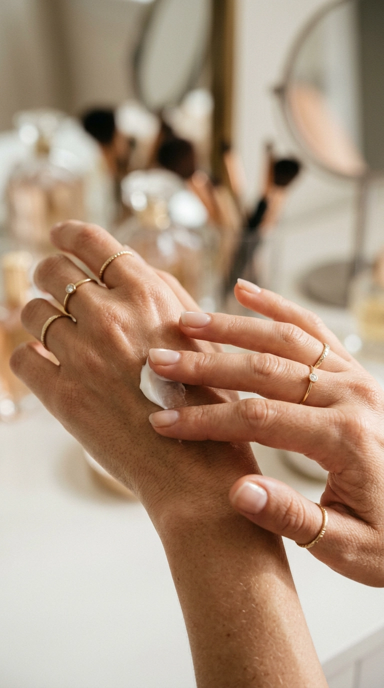 Photorealistic luxury editorial, 9:16 ratio, woman’s hands applying a small amount of luxury white cream, elegant gold rings, blurred vanity background, shot on 35mm lens, Nano Banana style, realistic skin texture.