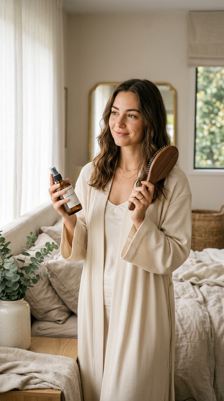 Photorealistic luxury editorial, 9:16 ratio, a woman holding a high-end wooden hairbrush and a glass spray bottle, soft morning light in a bright bedroom, shot on 35mm lens, Nano Banana style, ultra-realistic.