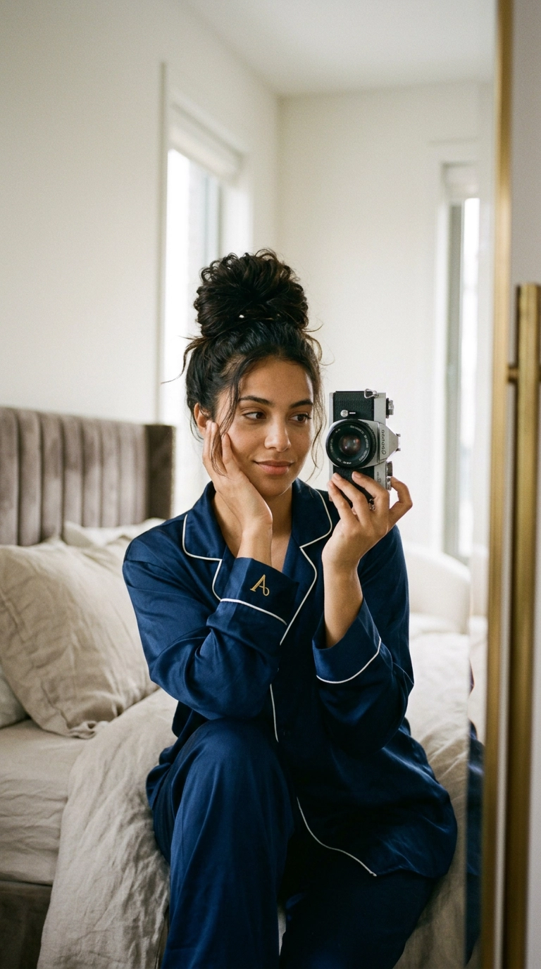 Photorealistic luxury editorial, 9:16 ratio, mirror selfie of a woman with her hair tied in a very high, loose bun at the top of her head, wearing silk pajamas, shot on 35mm lens, Nano Banana style, soft focus background.