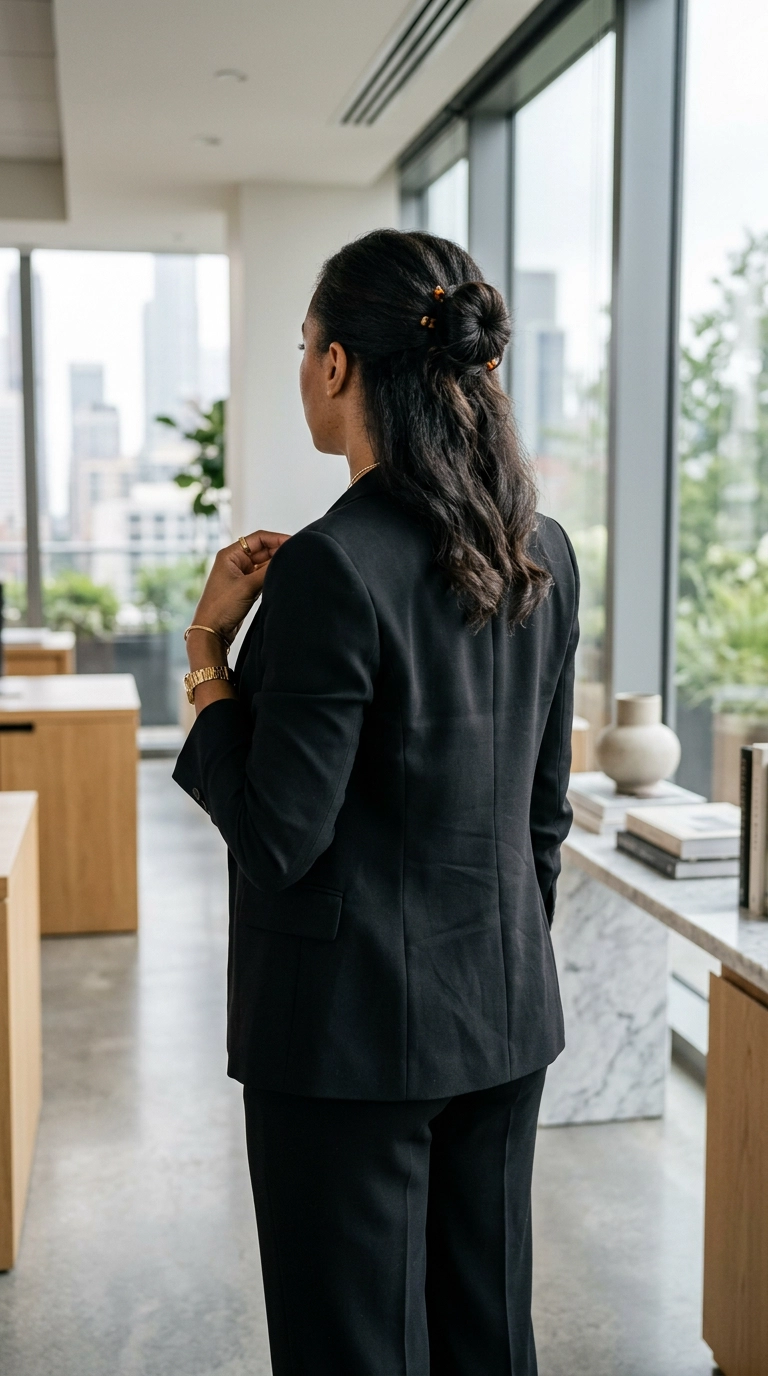 Photorealistic luxury editorial, 9:16 ratio, a woman viewed from behind showing a stylish half-up knot hairstyle, dressed in a chic blazer, shot on 35mm lens, Nano Banana style, elegant office setting.