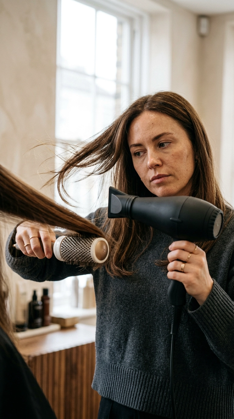 Photorealistic luxury editorial, 9:16 ratio, a woman using a professional hair dryer with a concentrator nozzle, focused on a section of hair, shot on 35mm lens, Nano Banana style, movement in hair, realistic.