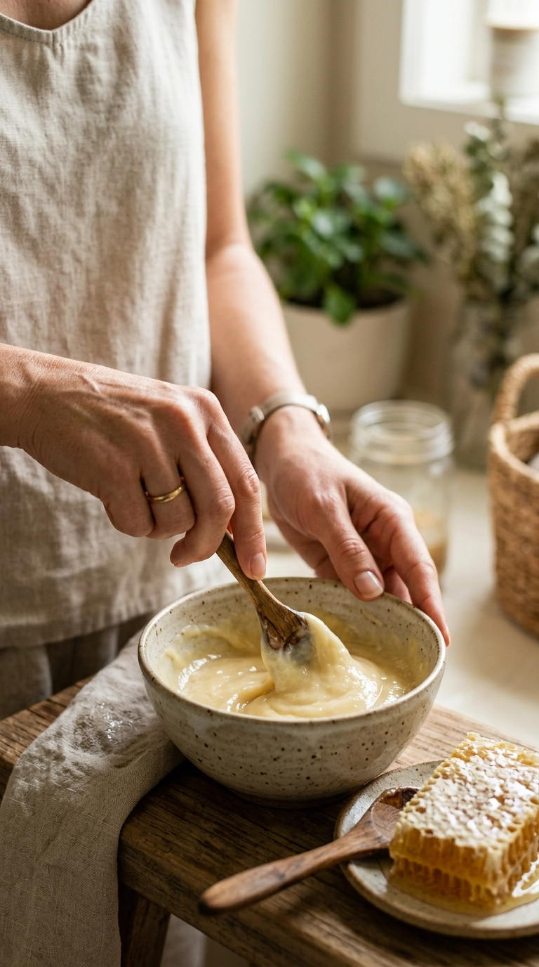 A close-up of a woman’s hands mixing a thick, creamy hair mask in a ceramic bowl. Beside the bowl are a honeycomb and a wooden spoon. Nano Banana style, photorealistic, shot on 35mm lens, highly detailed, ultra-realistic, soft lighting, editorial aesthetic, 9:16 ratio.