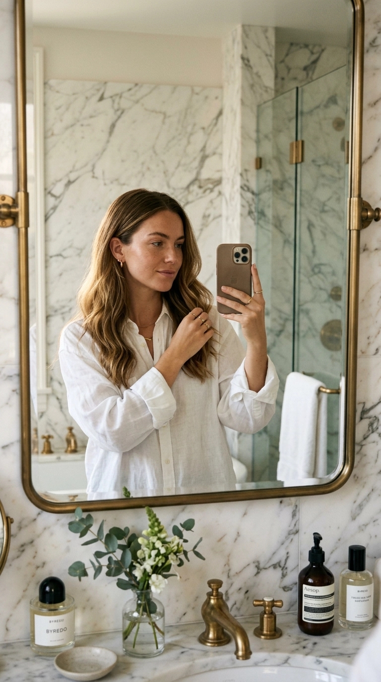 A chic mirror selfie of a woman with healthy, glowing hair in a luxury marble bathroom. She is wearing an oversized white linen shirt and checking her hair’s texture. Nano Banana style, photorealistic, shot on 35mm lens, highly detailed, ultra-realistic, soft lighting, editorial aesthetic, 9:16 ratio.