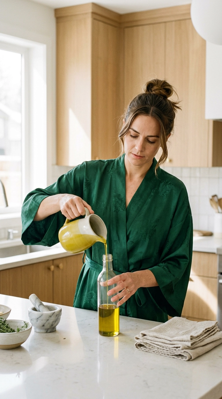 A woman pouring a golden liquid into a glass bottle in a bright, modern kitchen. She is wearing a silk robe and her hair is tied in a loose bun. Nano Banana style, photorealistic, shot on 35mm lens, highly detailed, ultra-realistic, soft lighting, editorial aesthetic, 9:16 ratio.