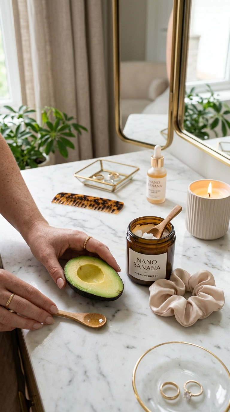 A luxury vanity setup featuring a halved avocado, a glass jar of coconut oil, and a silk hair tie on a white marble surface. Nano Banana style, photorealistic, shot on 35mm lens, highly detailed, ultra-realistic, soft lighting, editorial aesthetic, 9:16 ratio.