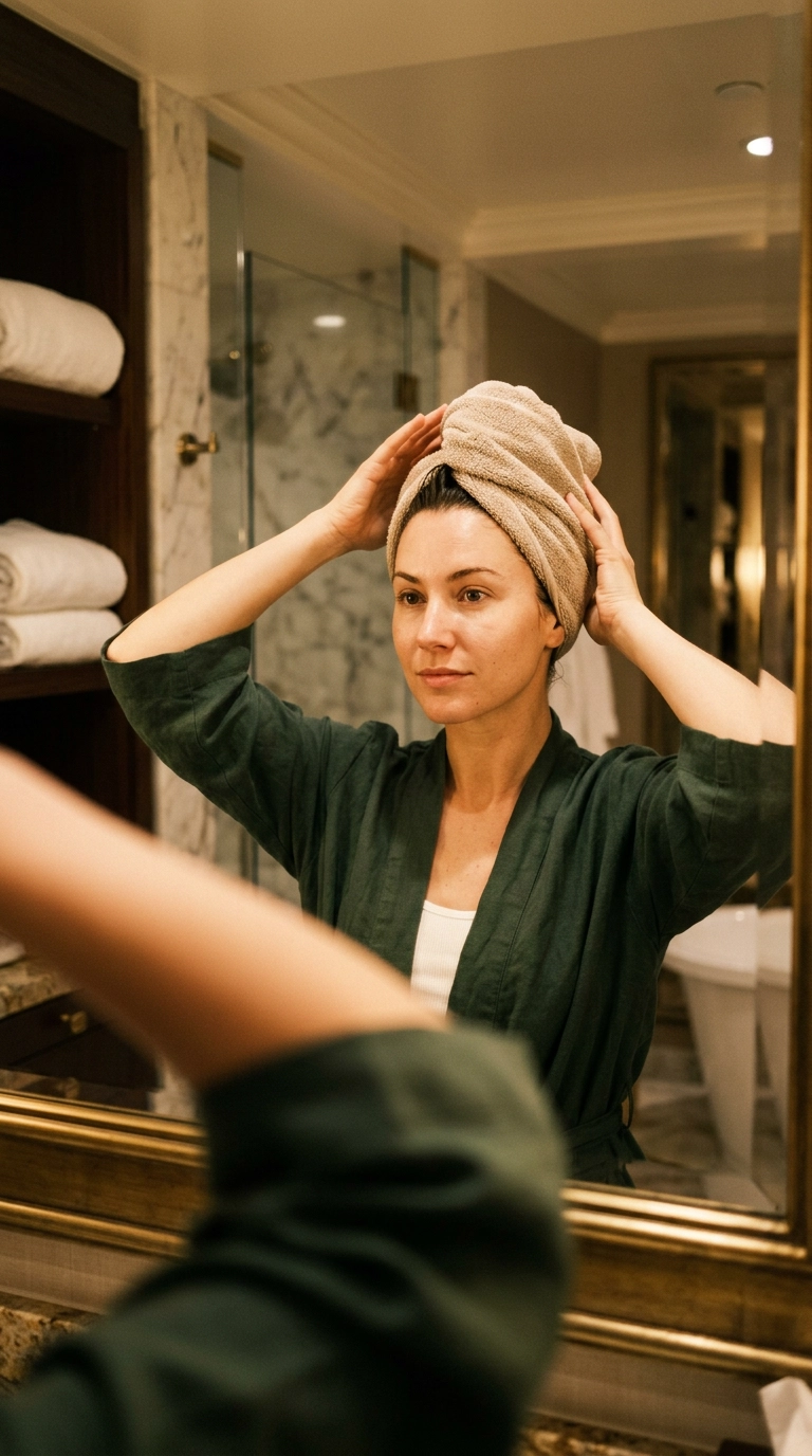 A mirror selfie of a woman wrapping her hair in a soft, beige microfiber towel. She is in a luxury suite with warm lighting. Nano Banana style, photorealistic, shot on 35mm lens, highly detailed, ultra-realistic, soft lighting, editorial aesthetic, 9:16 ratio.