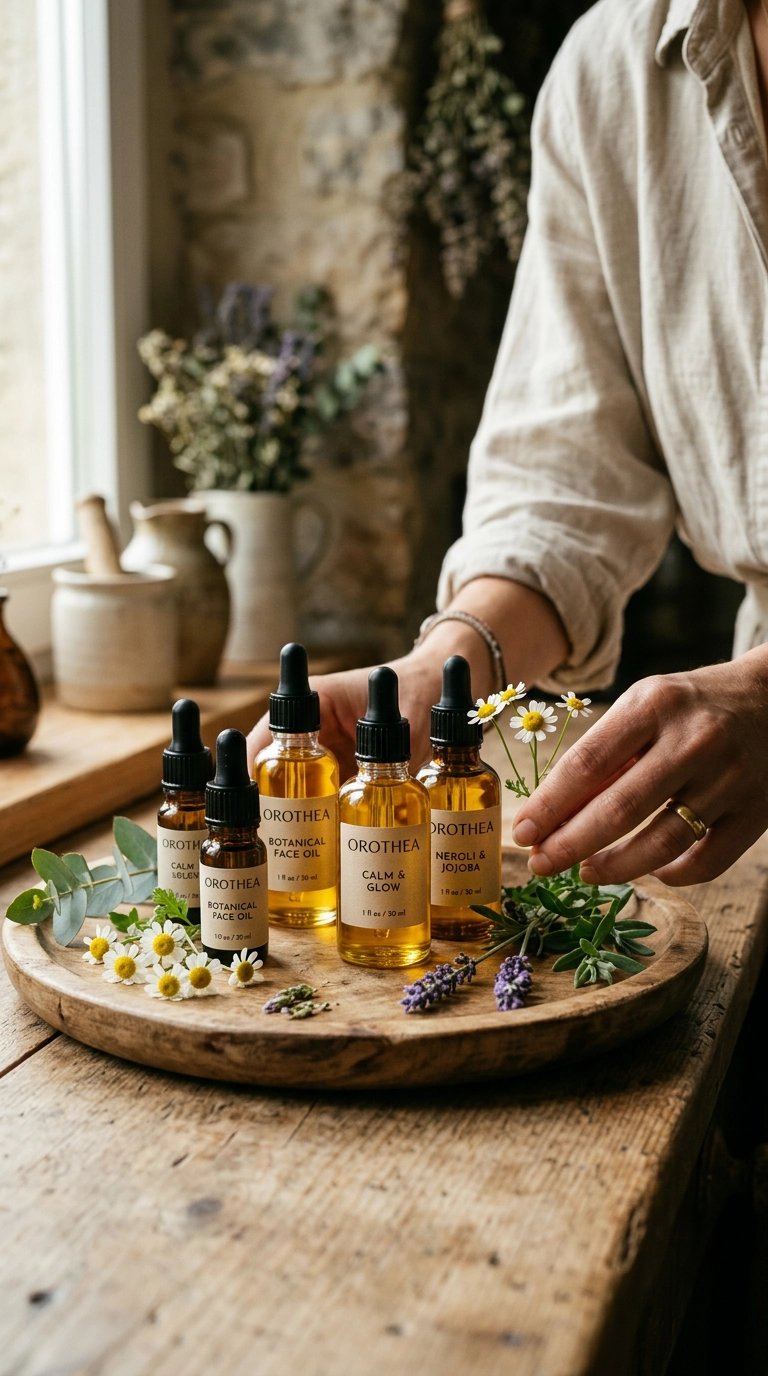 A collection of amber glass dropper bottles filled with golden oils, arranged on a tray with fresh flowers. Nano Banana style, photorealistic, shot on 35mm lens, highly detailed, ultra-realistic, soft lighting, editorial aesthetic, 9:16 ratio.