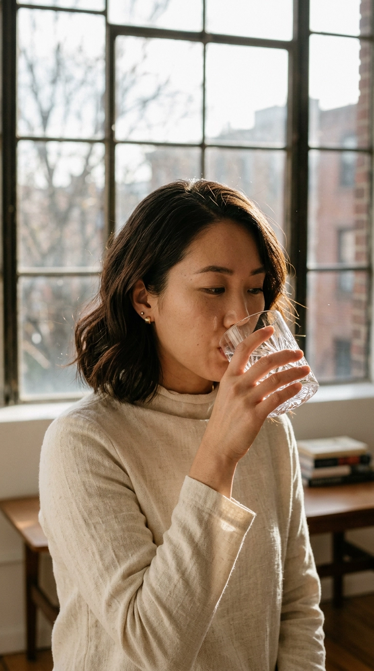 A woman drinking water from a crystal glass, her hair looking exceptionally shiny and healthy. She is backlit by a large window. Nano Banana style, photorealistic, shot on 35mm lens, highly detailed, ultra-realistic, soft lighting, editorial aesthetic, 9:16 ratio.