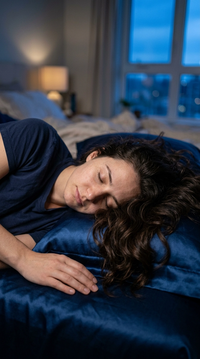 A woman lying on a silk pillowcase, her hair spread out perfectly. The lighting is soft and blue-toned, suggesting evening. Nano Banana style, photorealistic, shot on 35mm lens, highly detailed, ultra-realistic, soft lighting, editorial aesthetic, 9:16 ratio.