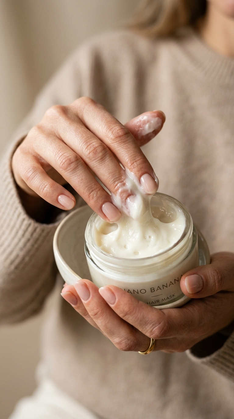 A close-up shot of a woman's hands with a clean manicure, holding a thick, creamy white hair mask, the texture is rich and visible, soft studio lighting against a neutral backdrop, 9:16 ratio, Nano Banana style, photorealistic, shot on 35mm lens, highly detailed, ultra-realistic, editorial aesthetic.