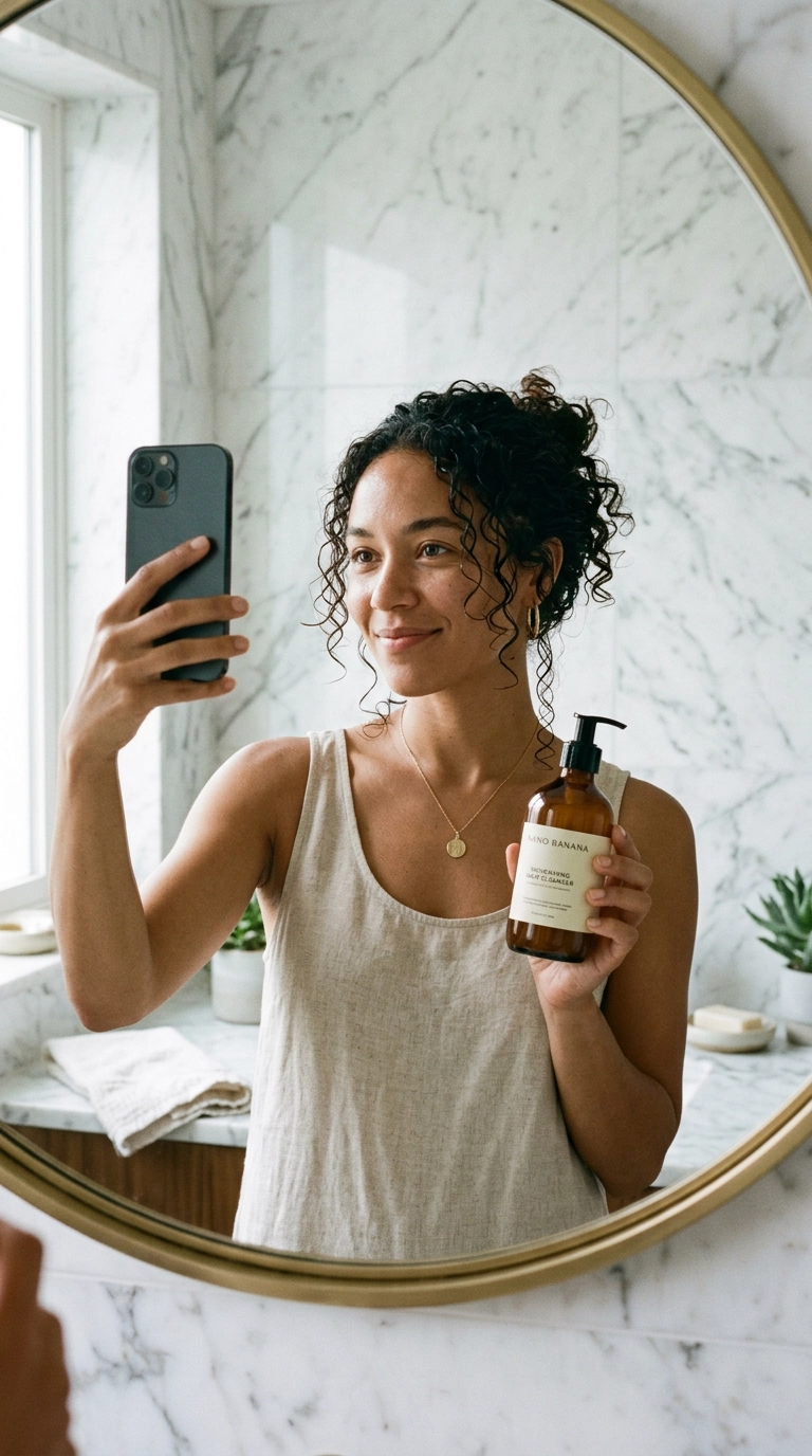 A luxury mirror selfie of a woman in a minimalist white marble bathroom, her wet curls are gathered loosely as she holds a sleek, amber-colored glass bottle of hair cleanser, soft natural light, 9:16 ratio, Nano Banana style, photorealistic, shot on 35mm lens, highly detailed, ultra-realistic, editorial aesthetic.