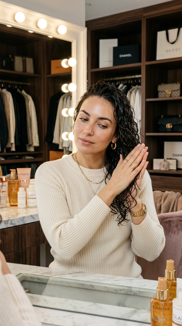 A chic woman in a luxury dressing room, she is applying a styling product to her damp, glossy curls using the "praying hands" technique, her expression is focused and serene, 9:16 ratio, Nano Banana style, photorealistic, shot on 35mm lens, highly detailed, ultra-realistic, soft lighting, editorial aesthetic.