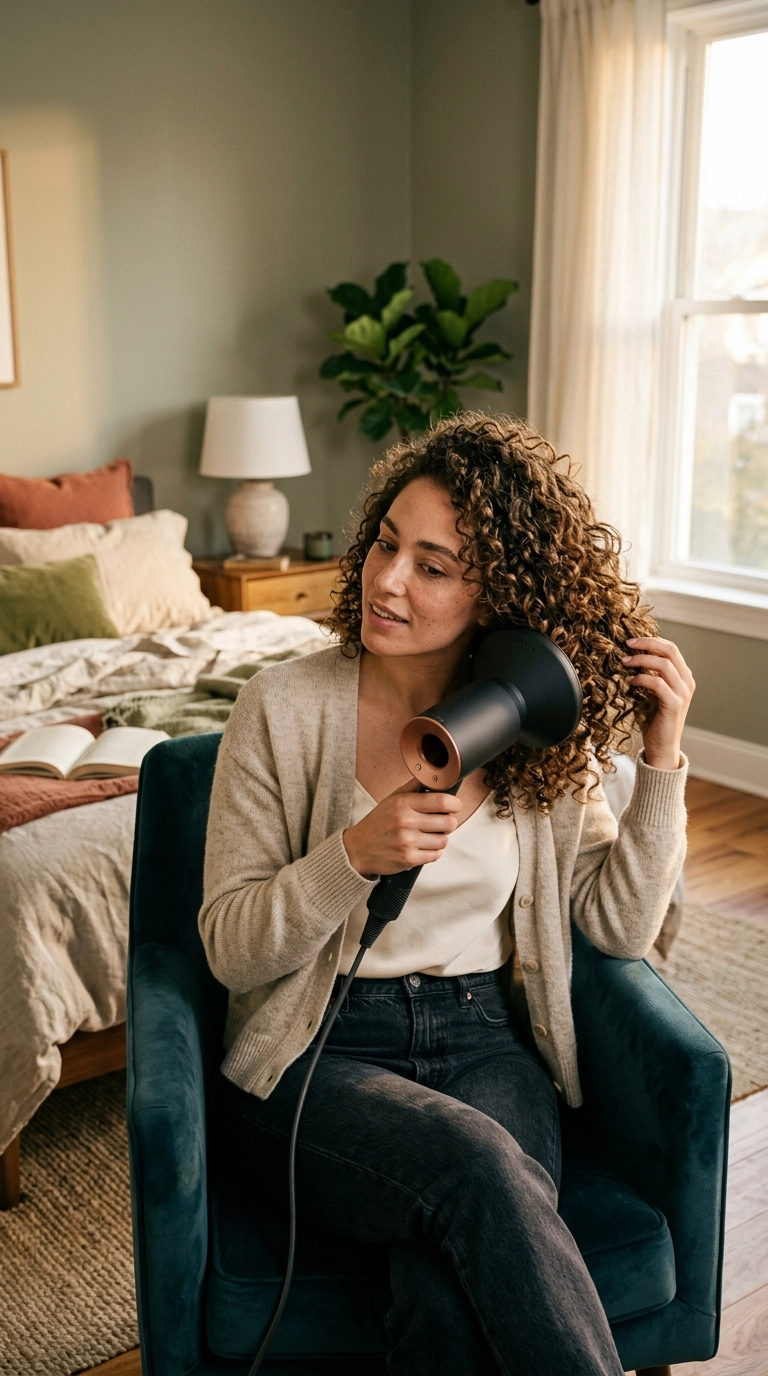 A woman sitting on a plush velvet chair in a stylish bedroom, using a high-end hair dryer with a large diffuser on her curls, soft golden hour light hitting the hair texture, 9:16 ratio, Nano Banana style, photorealistic, shot on 35mm lens, highly detailed, ultra-realistic, editorial aesthetic.