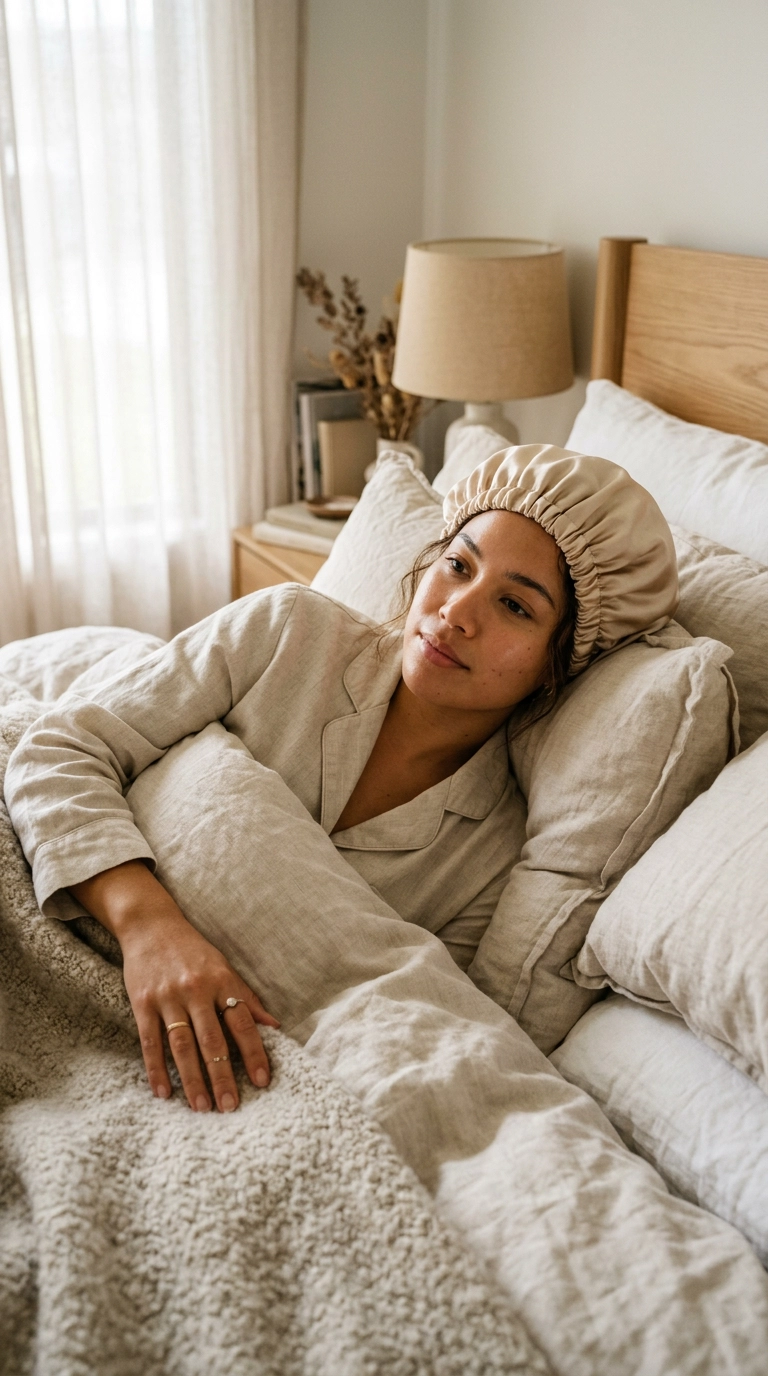 A woman wearing a luxury champagne-colored silk bonnet, leaning against soft linen pillows in a beautifully lit bedroom, her skin is glowing and the scene is peaceful, 9:16 ratio, Nano Banana style, photorealistic, shot on 35mm lens, highly detailed, ultra-realistic, editorial aesthetic.