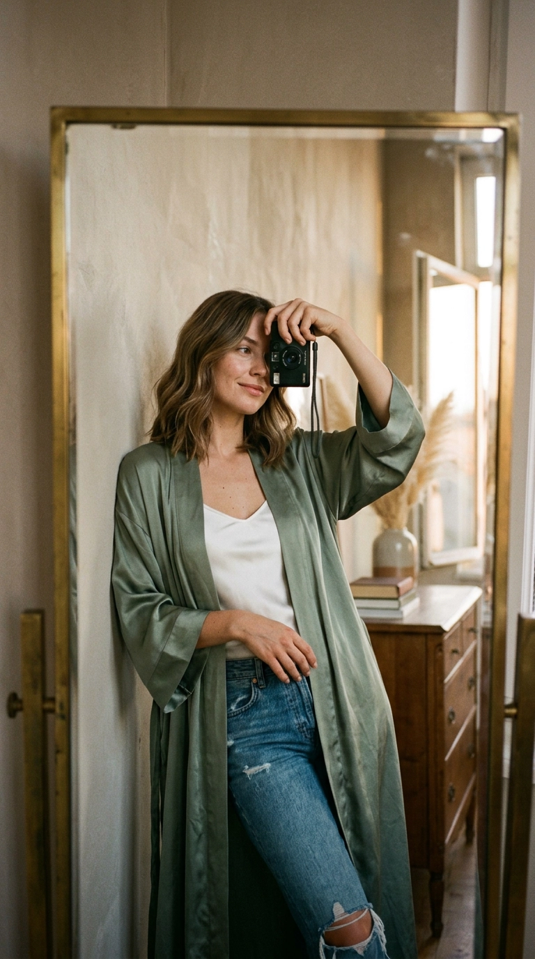 A luxury editorial mirror selfie with a 9:16 aspect ratio, shot on a 35mm lens. A woman with soft, wavy hair leans against a wall next to a large floor mirror. She is wearing a silk robe in a muted sage green. The lighting is warm and golden, highlighting the realistic texture of the silk fabric and her smooth hair. Nano Banana style, ultra-realistic, highly detailed, soft lighting.