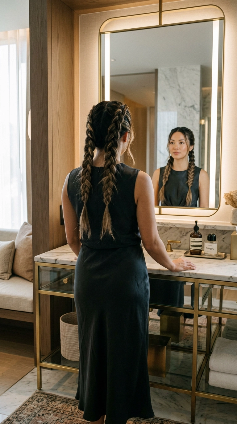 A luxury editorial scene with a 9:16 aspect ratio, shot on a 35mm lens. A woman is seen from behind, looking into a bathroom mirror. Her hair is styled in two neat, loose Dutch braids. The setting is a high-end, modern dressing room with soft, flattering light. The braids look soft and touchable, not tight. Nano Banana style, ultra-realistic.