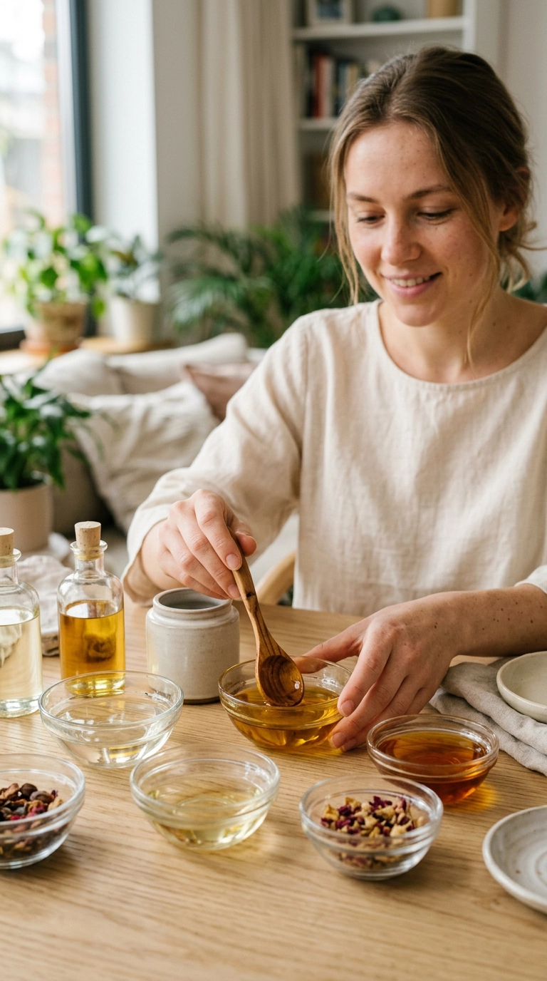 A luxury editorial scene with a 9:16 aspect ratio, shot on a 35mm lens. An aesthetic arrangement of glass bowls containing natural oils and a small wooden spoon. The scene is set on a light oak table with a soft, blurred background of a modern home. The lighting is clean and bright, emphasizing a natural and healthy lifestyle. Nano Banana style, ultra-realistic.